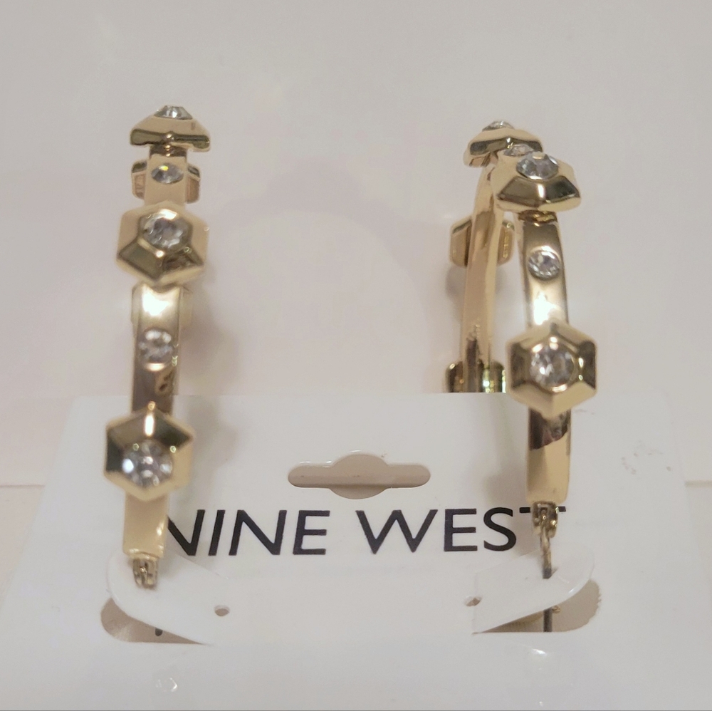Nine West Goldtone/Rhinestone Hoop Earrings - Picture 1 of 5